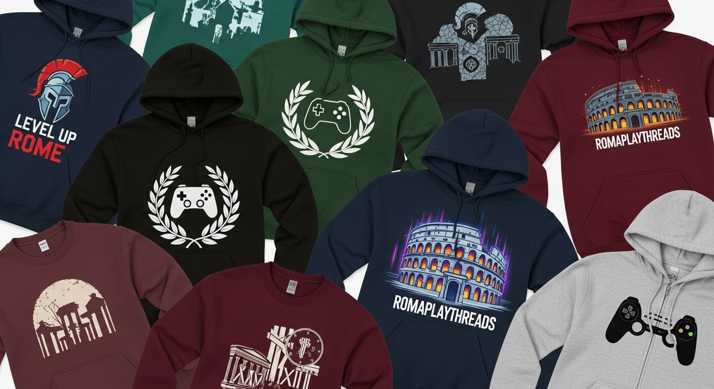 A collage of RomaPlayThreads game-inspired sweatshirts.