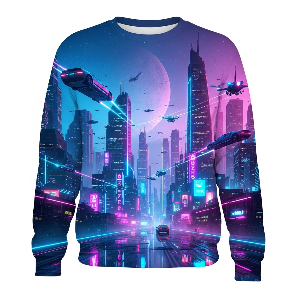 Futuristic neon city landscape sweatshirt.