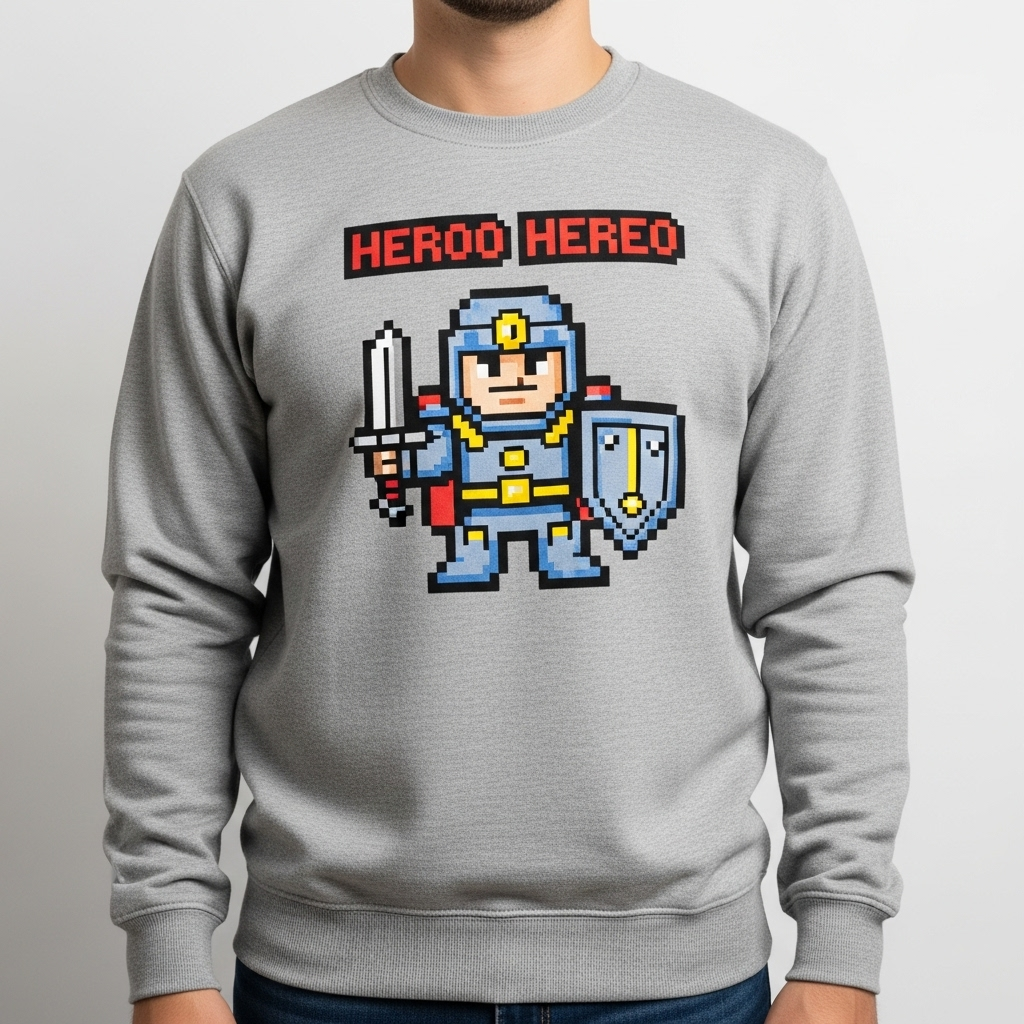 8-bit hero character sweatshirt.