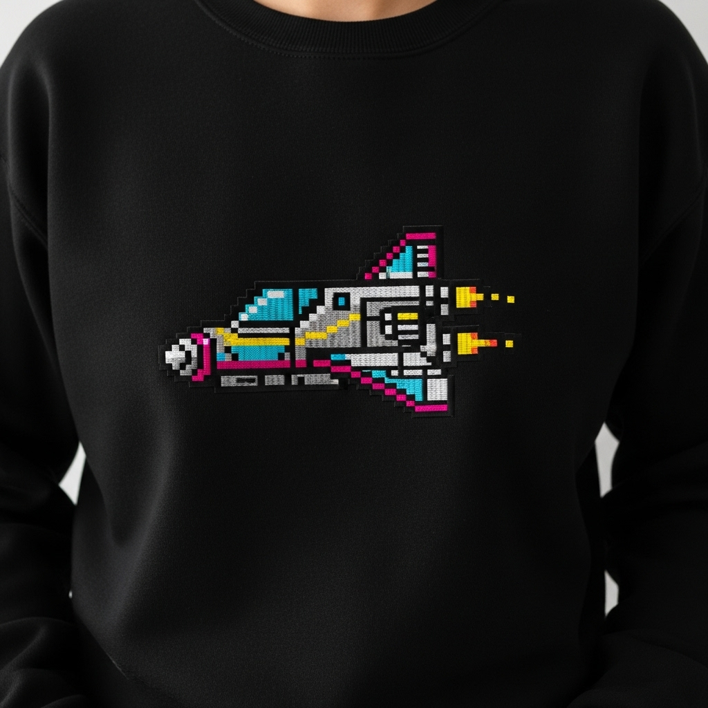 Retro spaceship pixel art sweatshirt.