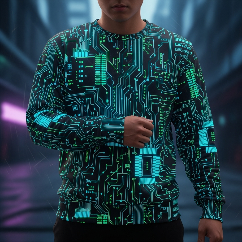 Futuristic circuit board pattern sweatshirt.